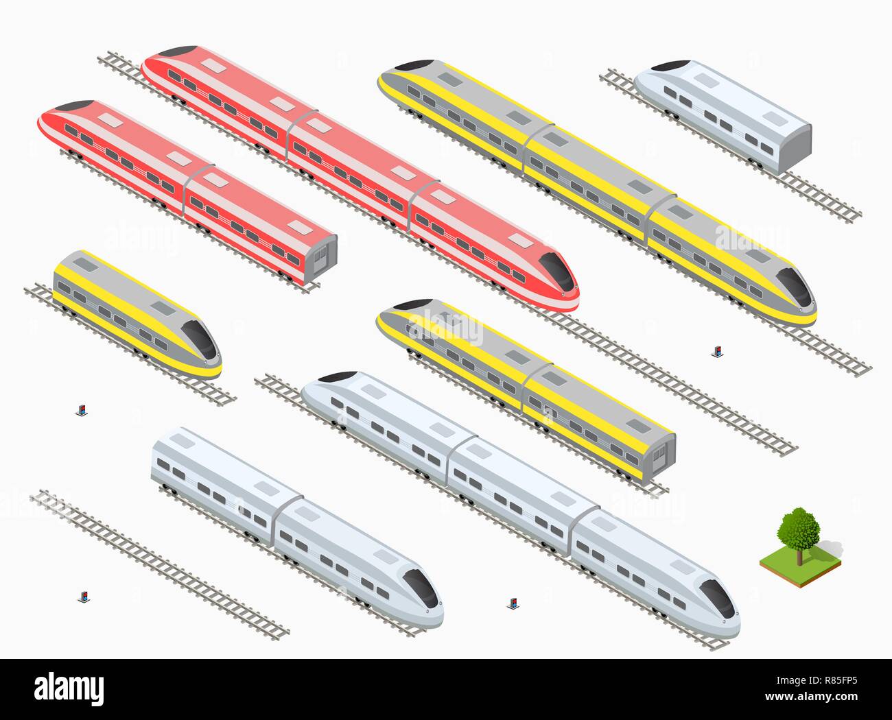 Fast modern high speed train. Vector flat 3d isometric illustration of
