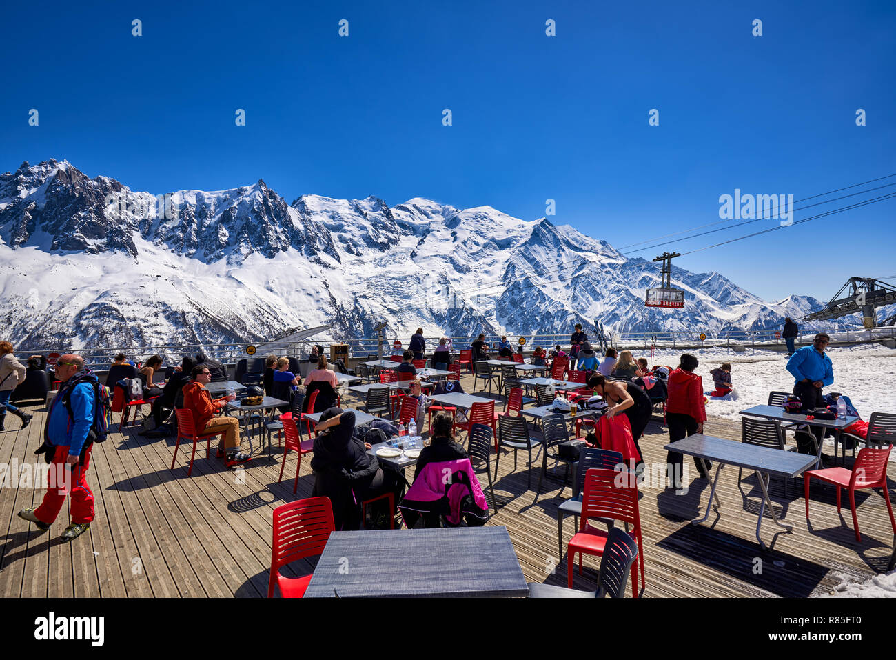 Terrace on the Brevent, Winter sports resort in Chamonix Mont Blanc. Haute-Savoie, European Alps, France Stock Photo