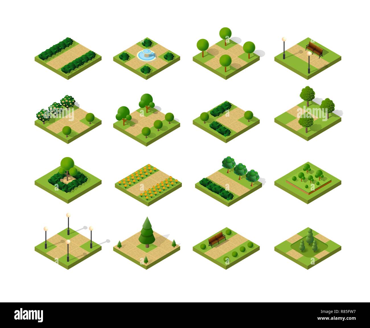 Set of isometric urban parks. City natural ecological landscapes of ...