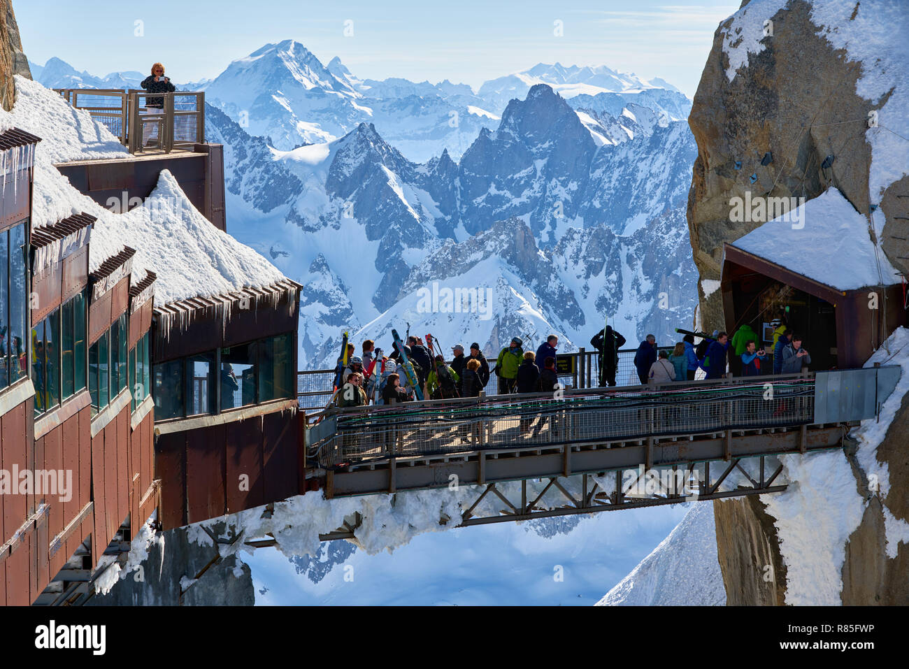 The passerelle of the Aiguille du Midi leading from the cable car to the observation desk in winter. Mont Blanc mountain range, Chamonix, Haute-Savoie Stock Photo