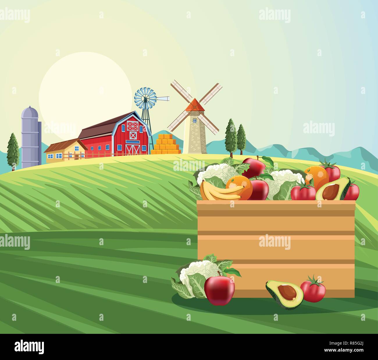 Fruits and vegetables in wooden box Stock Vector Image & Art - Alamy