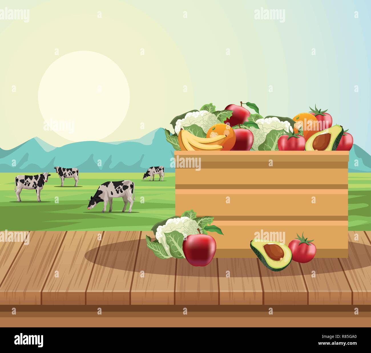 Fruits and vegetables in wooden box Stock Vector Image & Art - Alamy