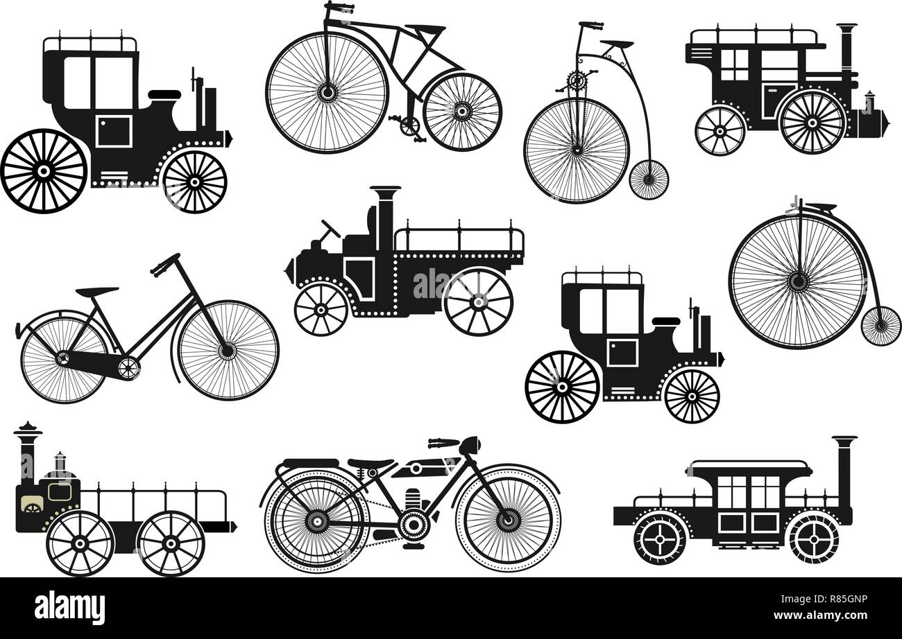 Retro motorcycle bike and cars silhouettes set Stock Vector