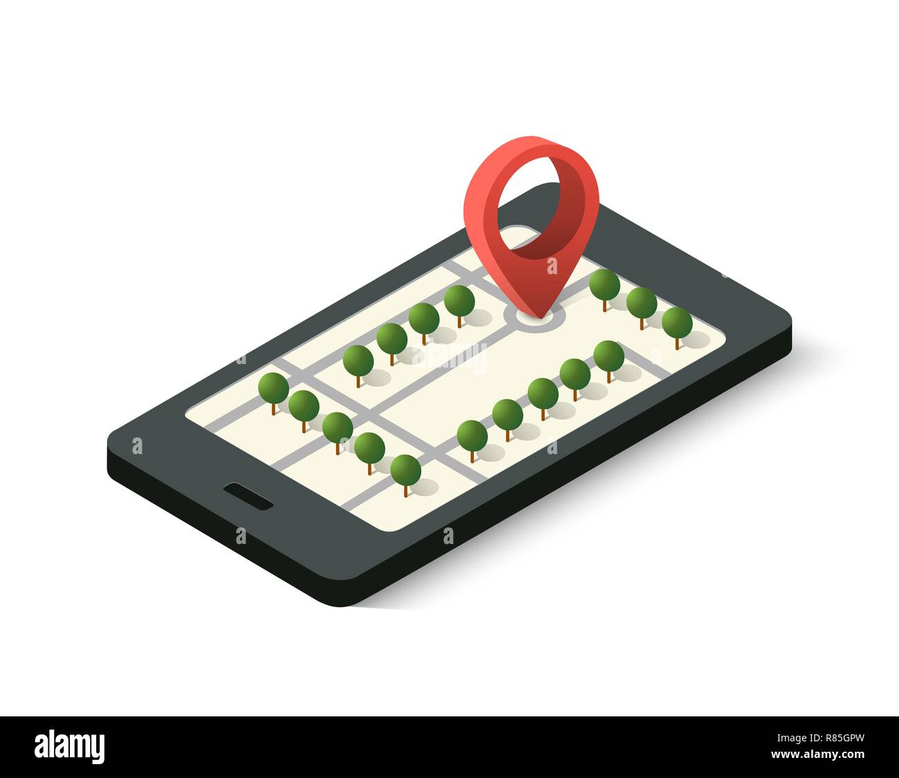 Isometric 3D navigation sign and pin symbol on mobile phone city urban ...