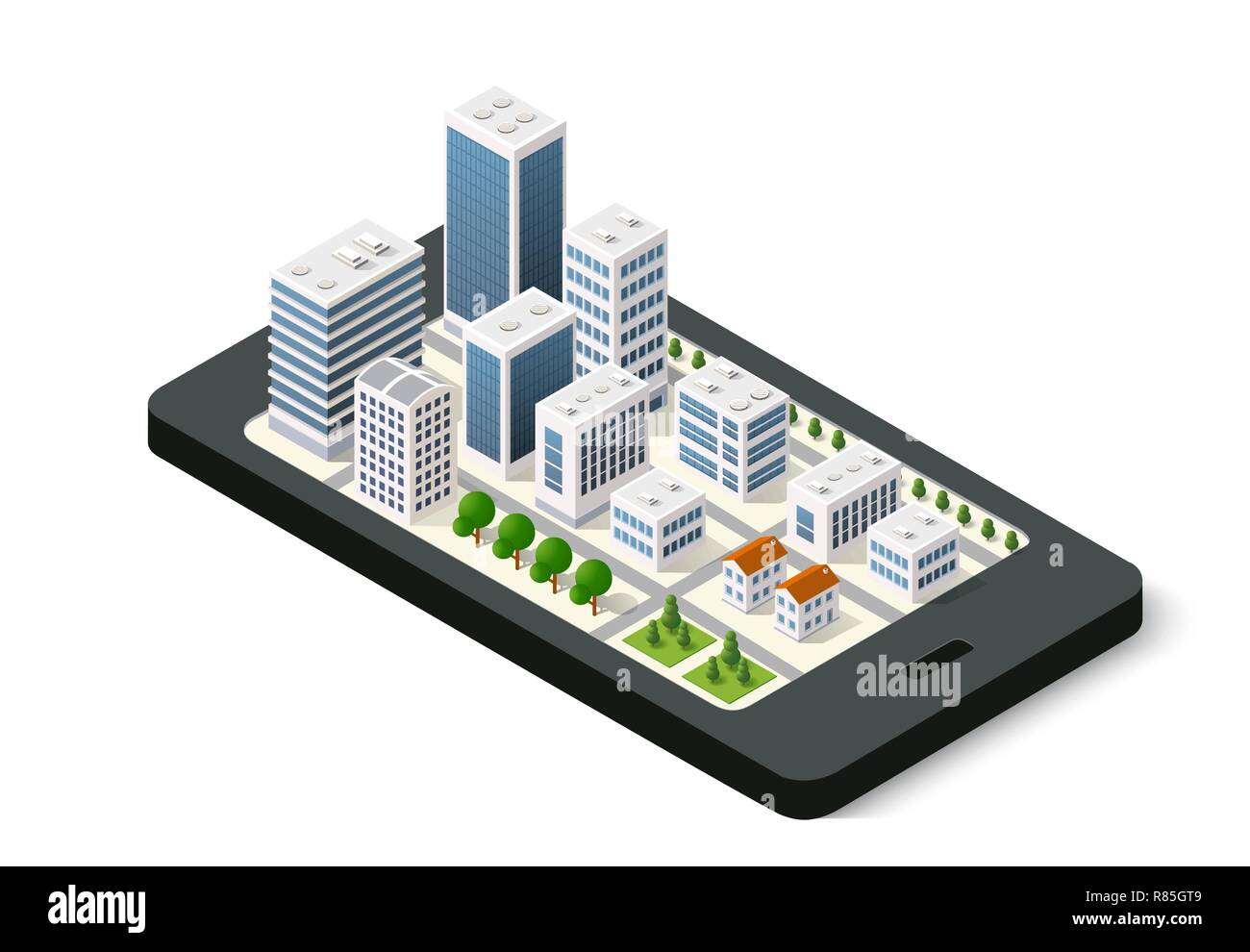 Isometric 3D navigation sign on mobile phone city urban map indicating ...