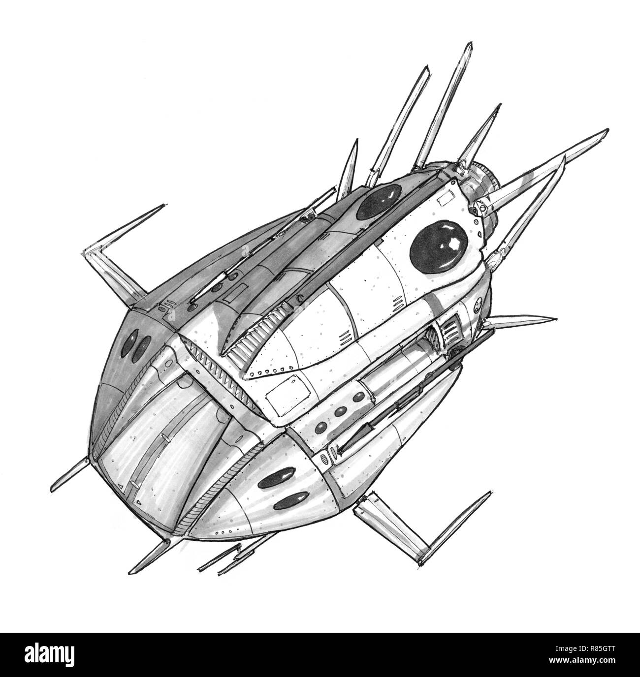 Ink Concept Art Drawing of Futuristic SpaceShip Stock Photo