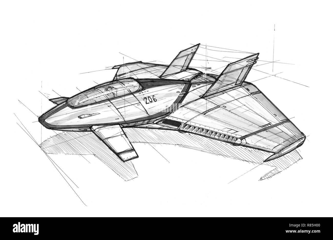 Ink Concept Art Drawing of Futuristic SpaceShip or Aircraft Stock Photo