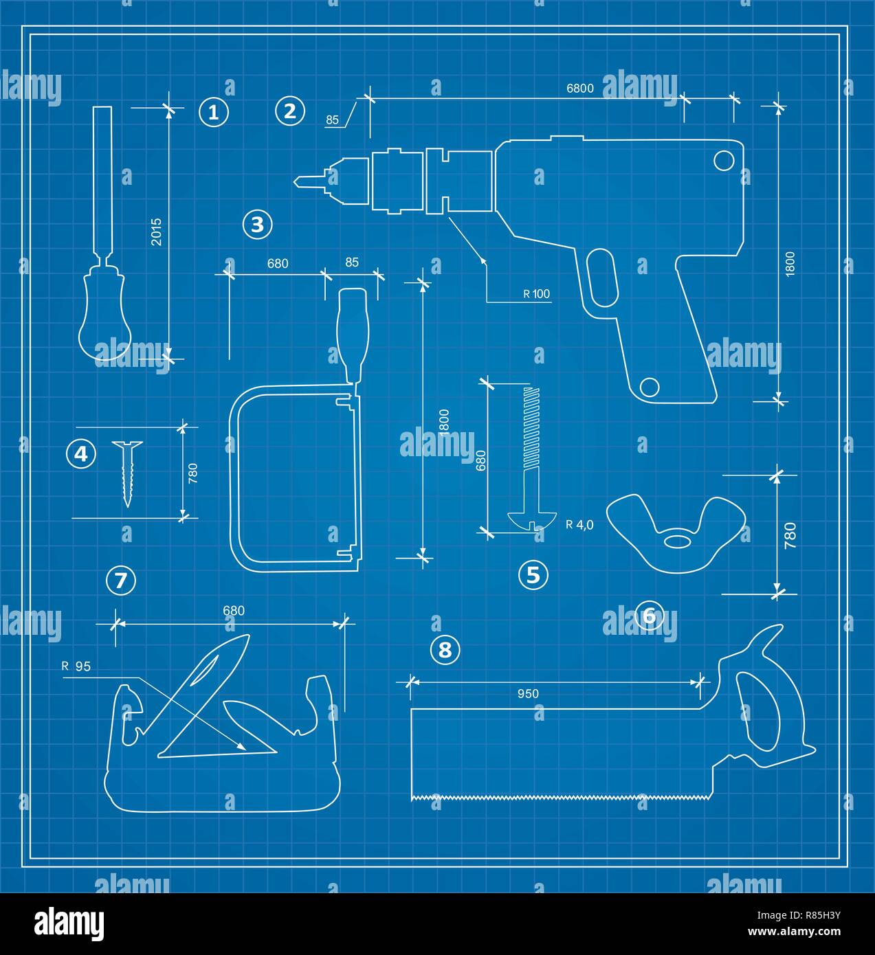 Blueprint building tool set. Drawing plan layout of industrial and home instrument for