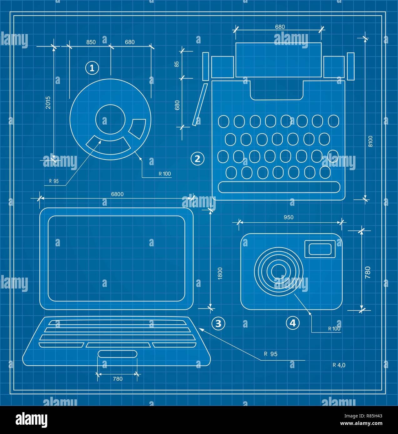 Blueprint plan outline draft personal computer set. Drawing plan layout of industrial and household items for creativity, writing and design Stock Vector