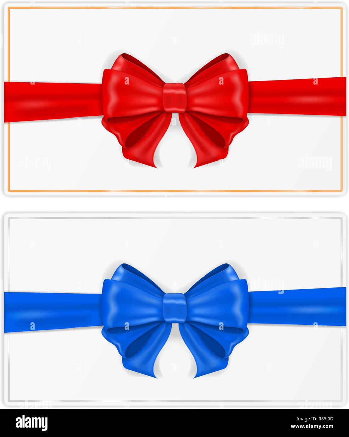 Greeting cards wrapped with ribbon. With red and blue silk bows Stock