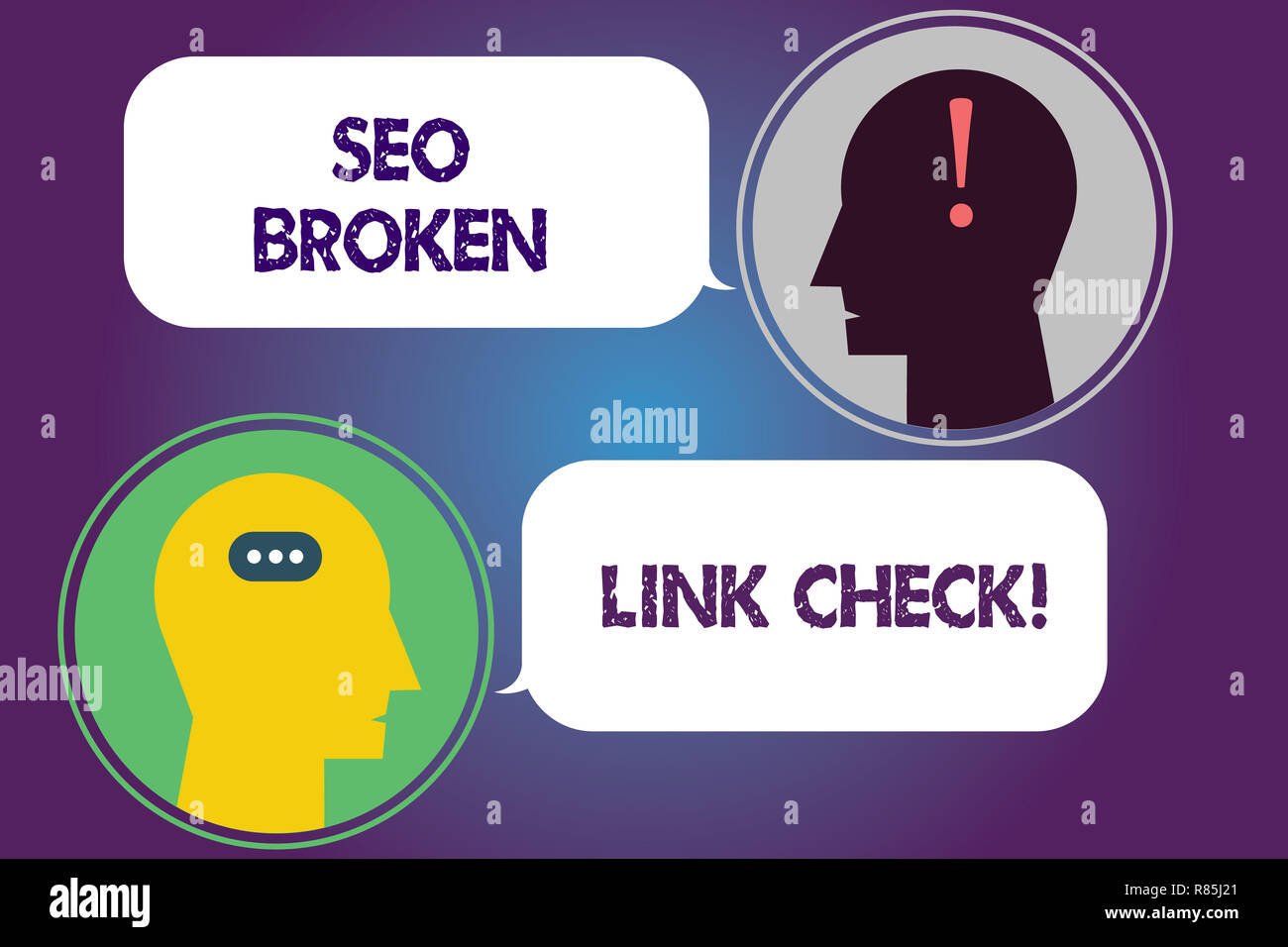 Handwriting text Seo Broken Link Check. Concept meaning Search engine optimization error in website links Messenger Room with Chat Heads Speech Bubble Stock Photo