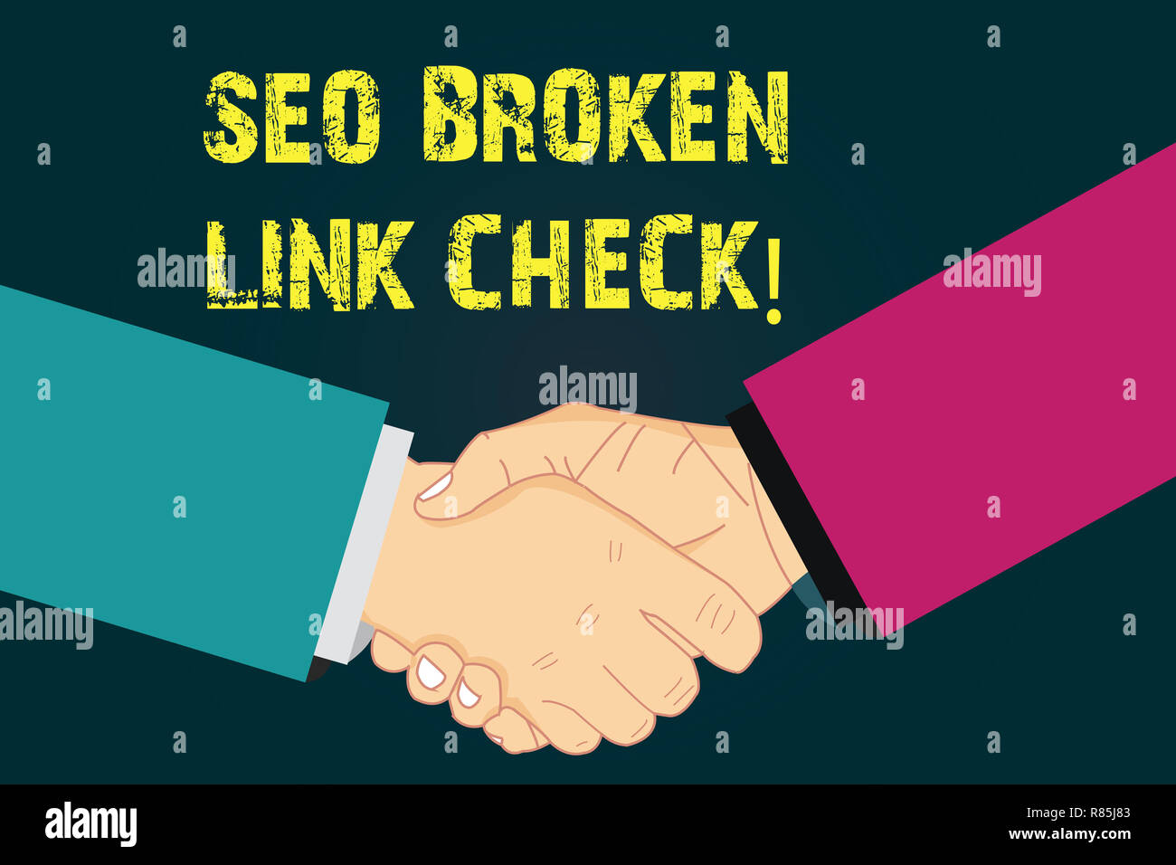 Text sign showing Seo Broken Link Check. Conceptual photo Search engine optimization error in website links Hu analysis Shaking Hands on Agreement Gre Stock Photo