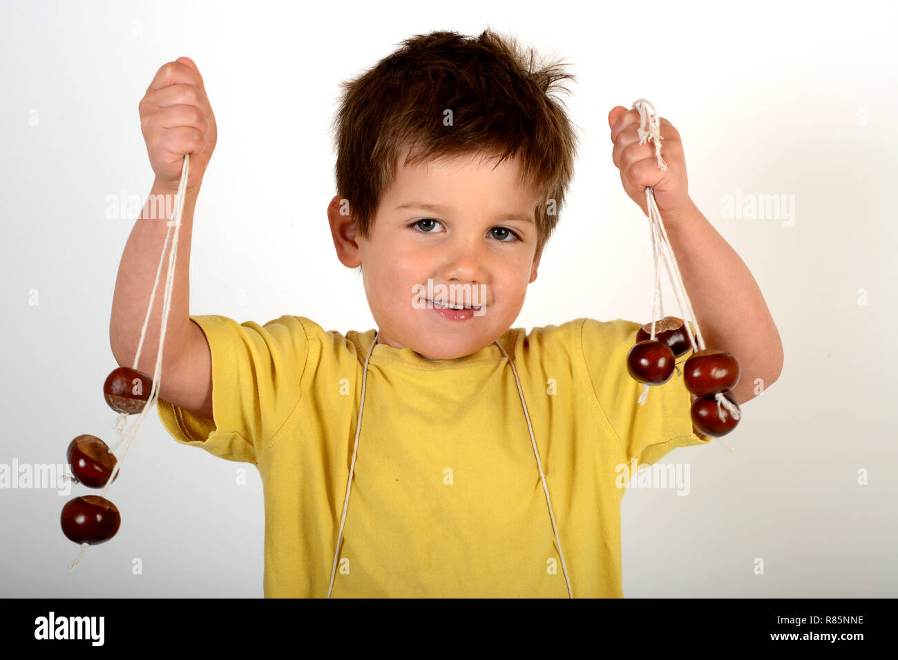 Young child boy with conkers Stock Photo
