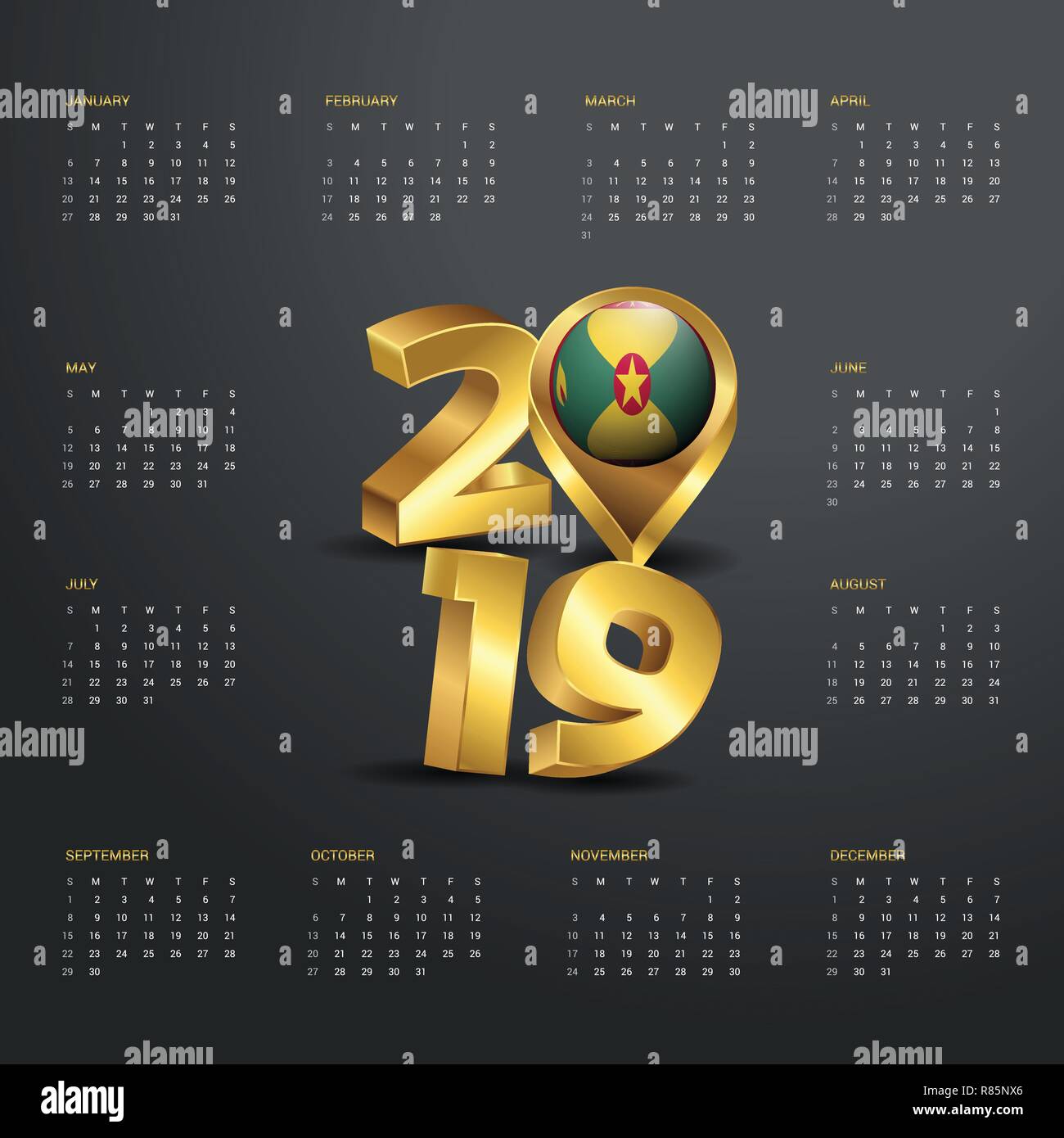 2019 Calendar Template. Golden Typography with Grenada Country Map Golden Typography Header Stock Vector