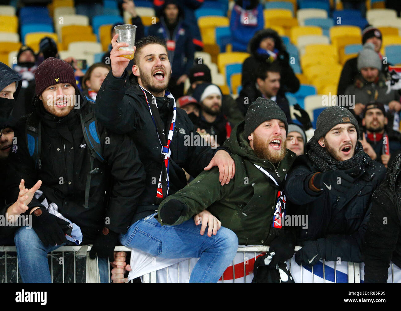 Fans of the Lyon are seen reacting after  the UEFA Champions League Group F football match between Shakhtar Donetsk and Lyon at the NSK Olimpiyskyi in Kiev. ( Final score; Shakhtar Donetsk 1:1 Lyon ) Stock Photo