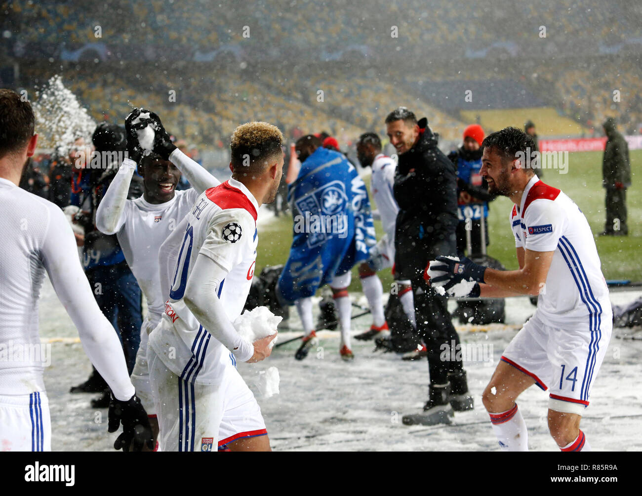 Lyon players are seen celebrating after the UEFA Champions League Group F football match between Shakhtar Donetsk and Lyon at the NSK Olimpiyskyi in Kiev. ( Final score; Shakhtar Donetsk 1:1 Lyon ) Stock Photo