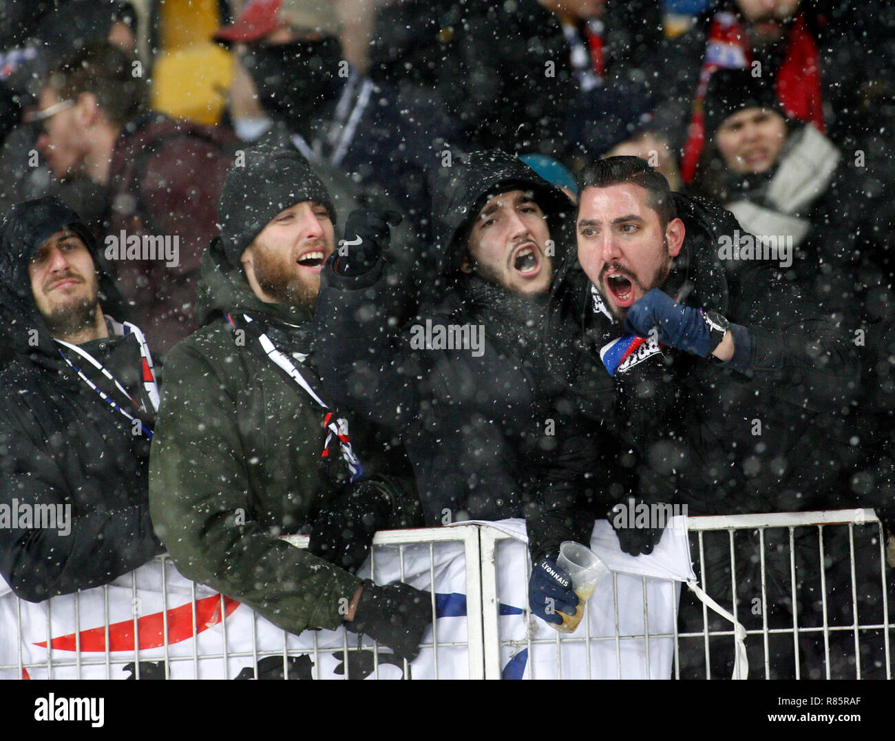 Fans of  Lyon are seen reacting during the UEFA Champions League Group F football match between Shakhtar Donetsk and Lyon at the NSK Olimpiyskyi in Kiev. ( Final score; Shakhtar Donetsk 1:1 Lyon ) Stock Photo