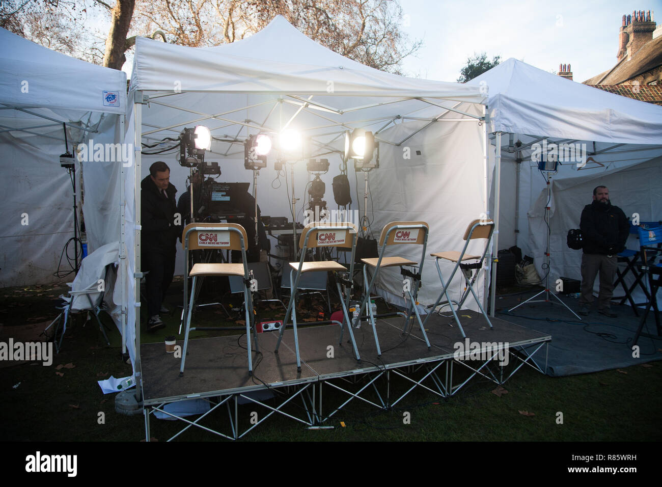 London UK. 13th December 2018. Special erected Media tents used for  the political coverage of the Brexit crisis by national and international news services at College Green Parliament as Prime Minister  a day after Prime Minister Theresa May won a confidence vote by 200-117 and will not be challenged for 12 months under the rules of the Conservative Party Credit: amer ghazzal/Alamy Live News Stock Photo