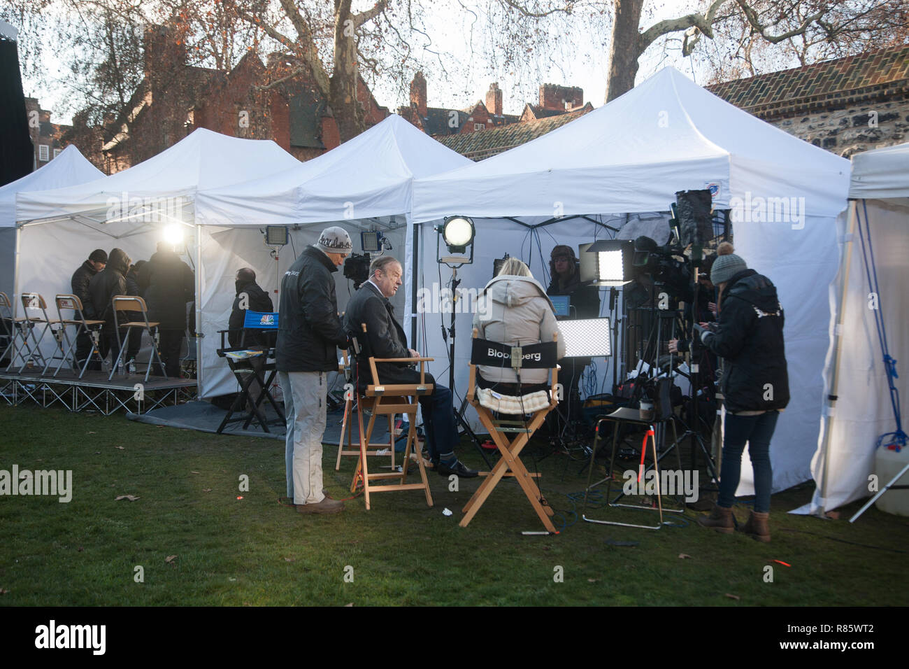 London UK. 13th December 2018. Special erected Media tents used for  the political coverage of the Brexit crisis by national and international news services at College Green Parliament as Prime Minister  a day after Prime Minister Theresa May won a confidence vote by 200-117 and will not be challenged for 12 months under the rules of the Conservative Party Credit: amer ghazzal/Alamy Live News Stock Photo