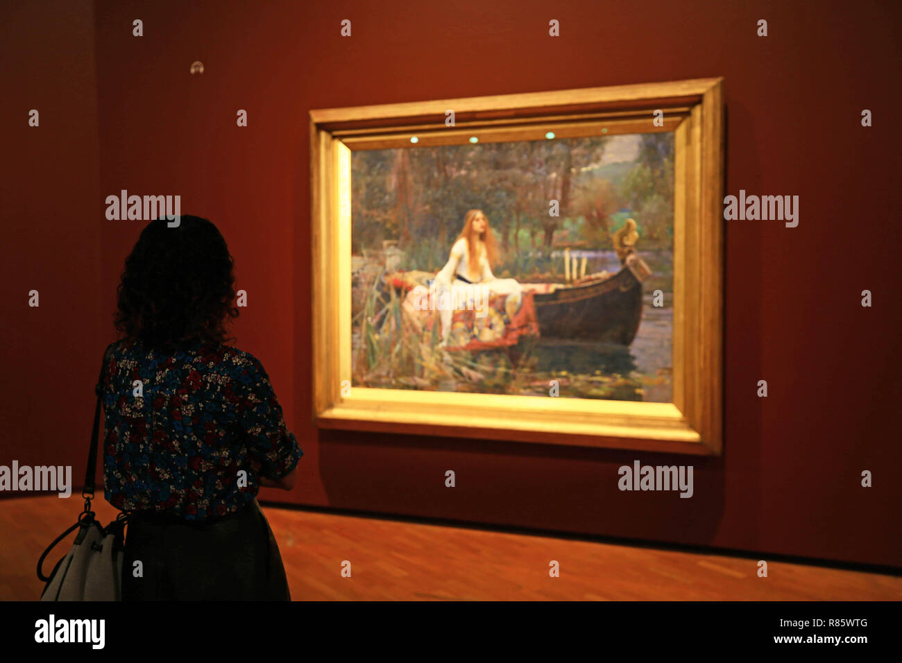 Canberra, Australia. 12th Dec, 2018. A visitor views The Lady of Shalott at the National Gallery of Australia (NGA) in Canberra, Australia, Dec. 12, 2018. For the first time paintings The Lady of Shalott and Ophelia left Britain for Australia, as an exhibition named 'Love and Desire: Pre-Raphaelite Masterpieces from the Tate', will open to the public in the NGA on Friday. Credit: Pan Xiangyue/Xinhua/Alamy Live News Stock Photo