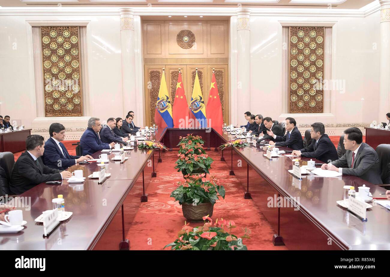 Beijing, China. 13th Dec, 2018. Chinese Premier Li Keqiang meets with Ecuadorian President Lenin Moreno at the Great Hall of the People in Beijing, capital of China, Dec. 13, 2018. Credit: Li Tao/Xinhua/Alamy Live News Stock Photo