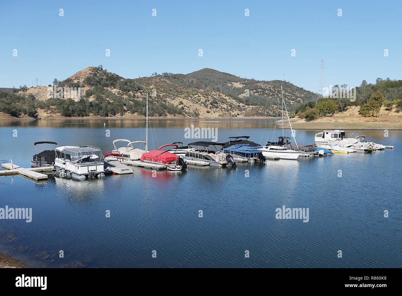 Lake Berryessa, CA, USA. 17th Oct, 2018. Boats docked at the Steele