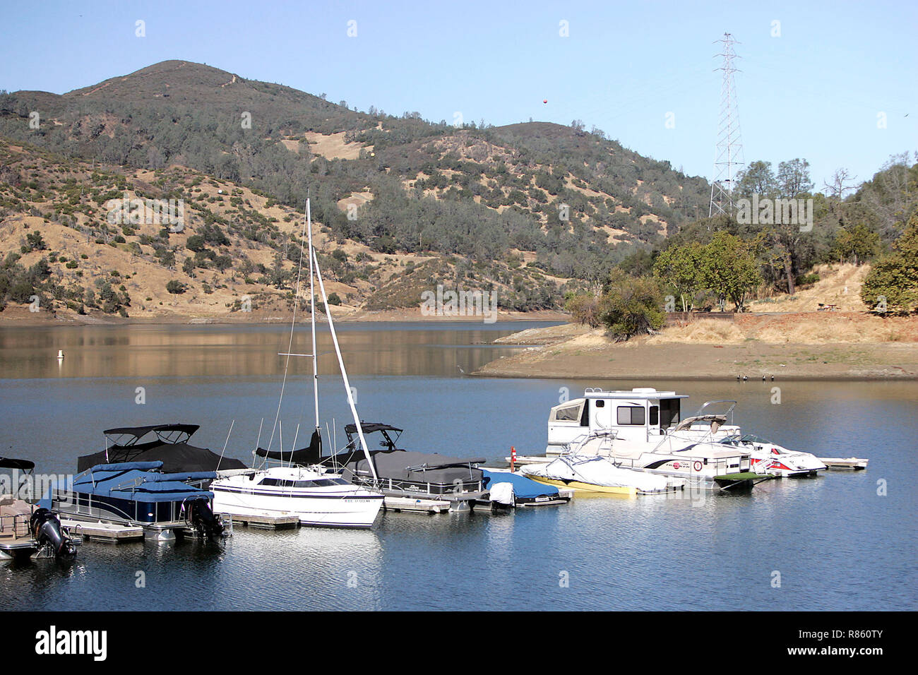 Lake Berryessa, CA, USA. 17th Oct, 2018. Boats docked at the Steele Canyon Marina at Lake