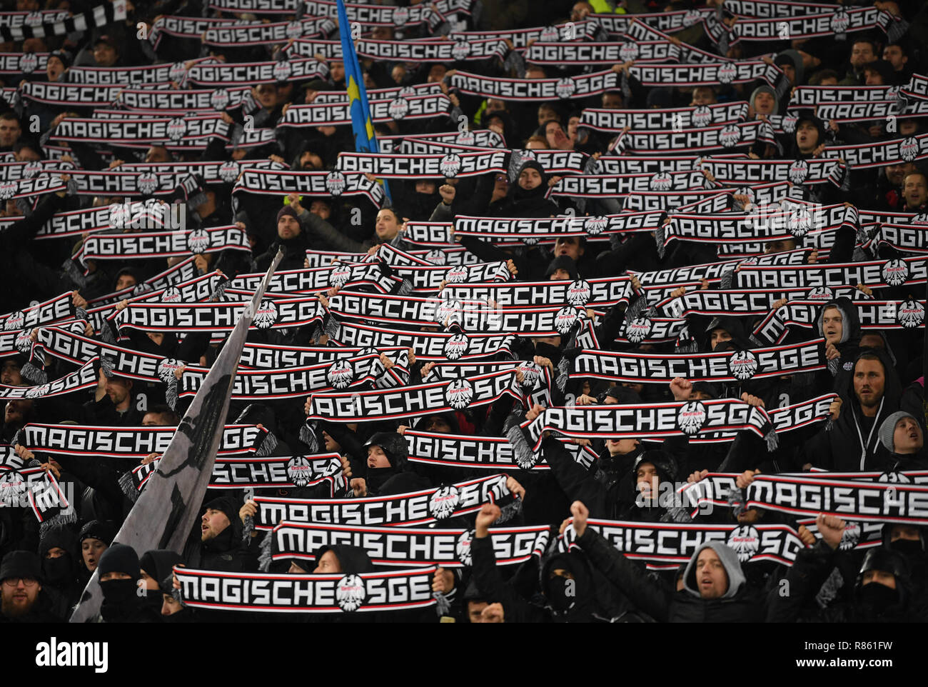 Rome, Italy. 13th Dec, 2018. Soccer: Europa League, Lazio Rome - Eintracht  Frankfurt, Group stage, Group H, 6th matchday in the Olympic Stadium. The  Frankfurt fans hold up scarves with the inscription "