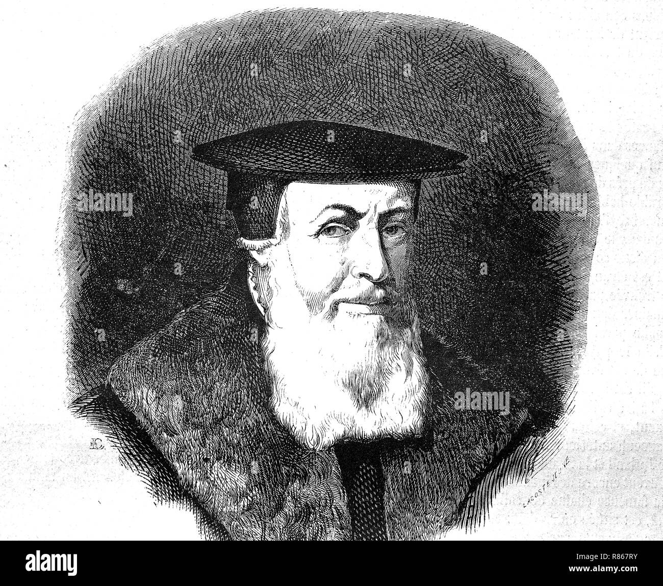 Digital improved reproduction, Johannes Gensfleisch zur Laden zum Gutenberg, 1400-1468, a German blacksmith, goldsmith, inventor, printer, and publisher who introduced printing to Europe, painting by Mathias Grunewald, from an original print from the year 1855 Stock Photo