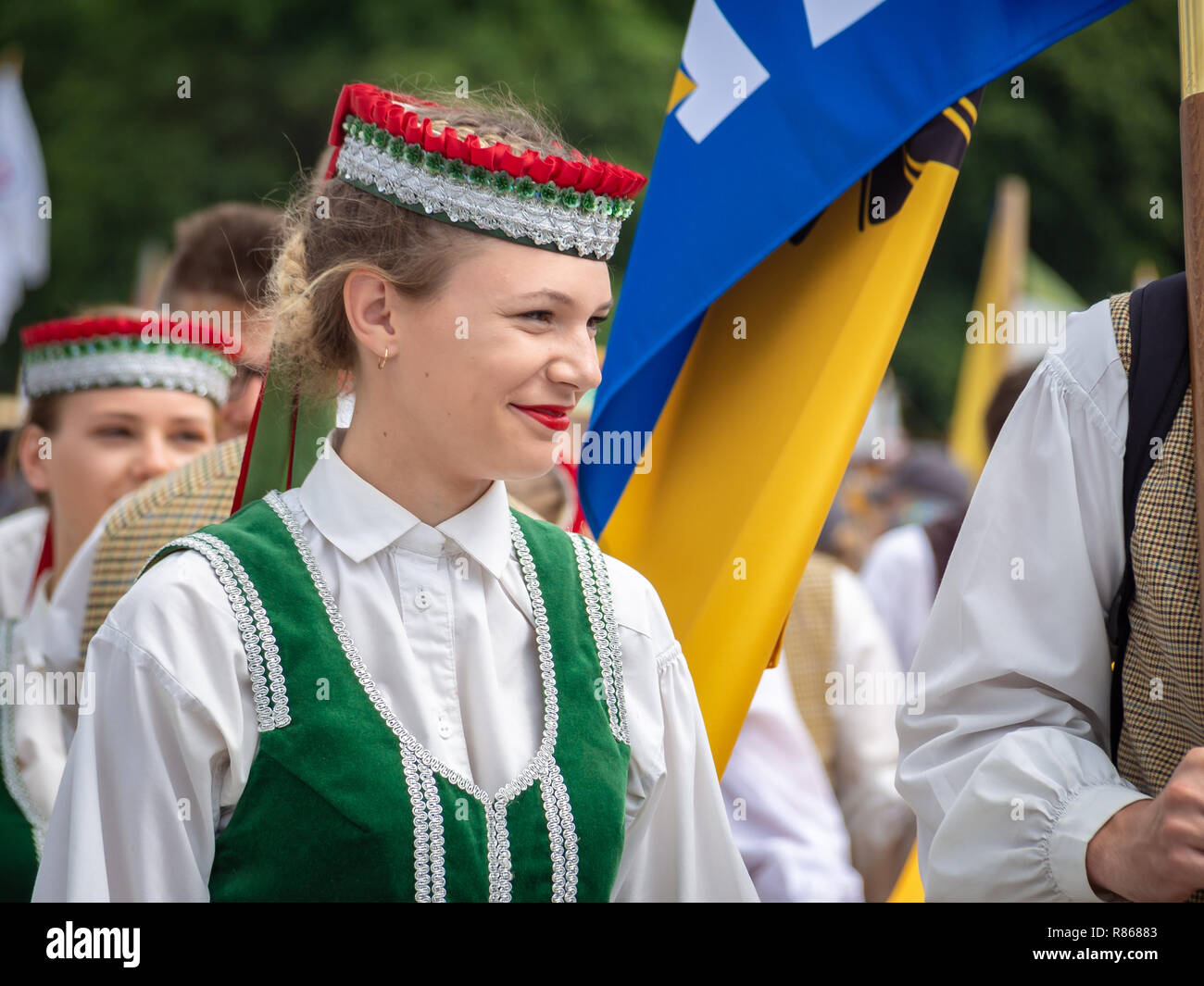 VILNIUS, LITHUANIA-JULY 6, 2018: Young Lithuanian woman in the traditional national costume Stock Photo