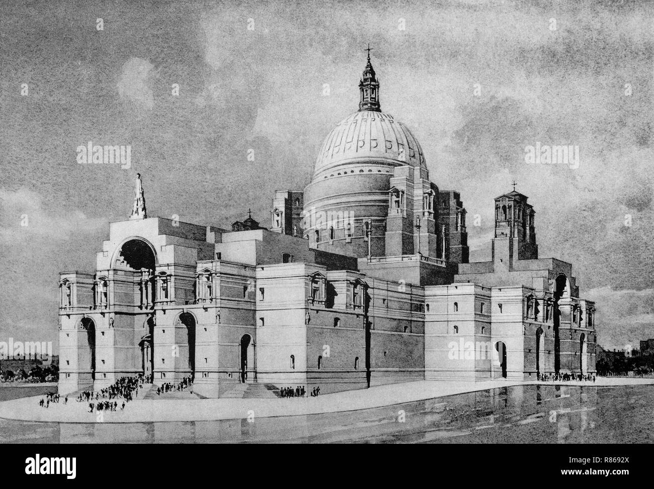 An impression of the design of The Metropolitan (Roman Catholic) Cathedral by Sir Edwin Lutyens (1869–1944).  Lutyens' design was intended to create a massive structure that would have become the second-largest church in the world. It would have the world's largest dome, with a diameter of 168 feet (51 m). Building work began in 1933, but the restrictions of World War II wartime and rising costs forced construction to stop. In 1956, work recommenced on the crypt, which was finished in 1958. Thereafter, Lutyens' design was considered too costly and was abandoned with only the crypt complete. Stock Photo