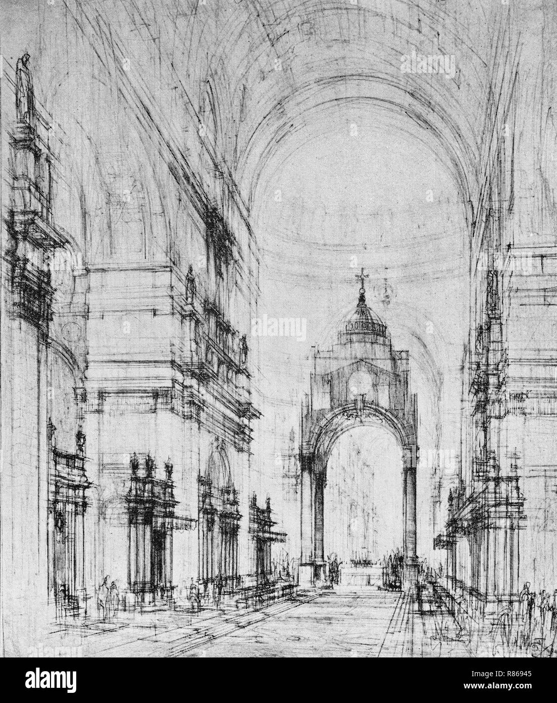 An impression of the design of The Metropolitan (Roman Catholic) Cathedral by Sir Edwin Lutyens (1869–1944).  Lutyens' design was intended to create a massive structure that would have become the second-largest church in the world. It would have the world's largest dome, with a diameter of 168 feet (51 m). Building work began in 1933, but the restrictions of World War II wartime and rising costs forced construction to stop. In 1956, work recommenced on the crypt, which was finished in 1958. Thereafter, Lutyens' design was considered too costly and was abandoned with only the crypt complete. Stock Photo