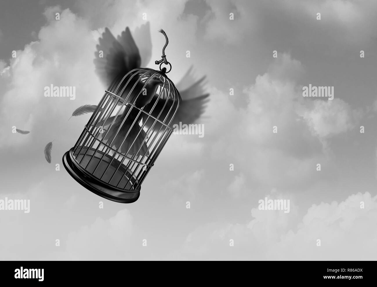 Unleash the power of freedom idea with a determined powerful bird flying and lifting a birdcage while inside as an amazing surreal concept. Stock Photo