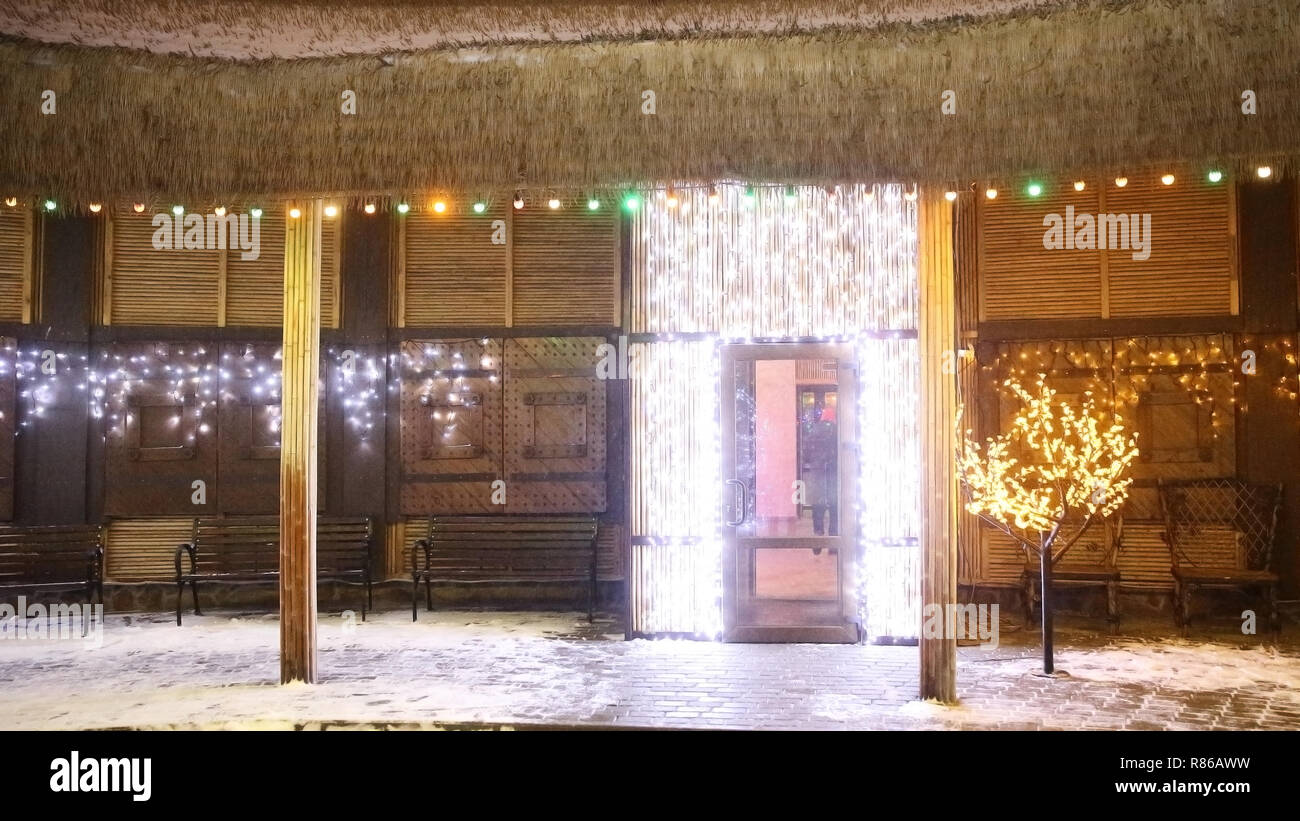 decorated courtyard near the house on Christmas eve Stock Photo