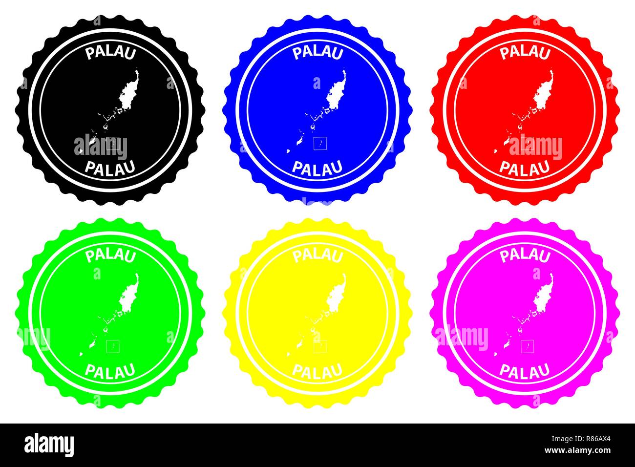 Palau - rubber stamp - vector, Republic of Palau island (Belau, Palaos, or Pelew) map pattern - sticker - black, blue, green, yellow, purple and red Stock Vector
