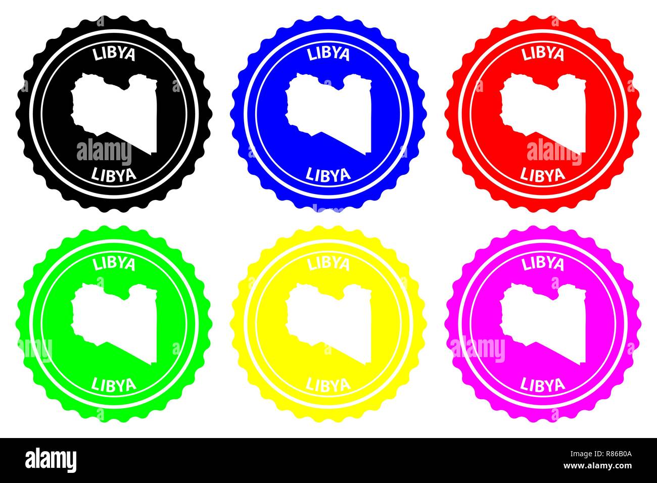 Libya - rubber stamp - vector, State of Libya map pattern - sticker - black, red, blue, green, yellow, purple Stock Vector
