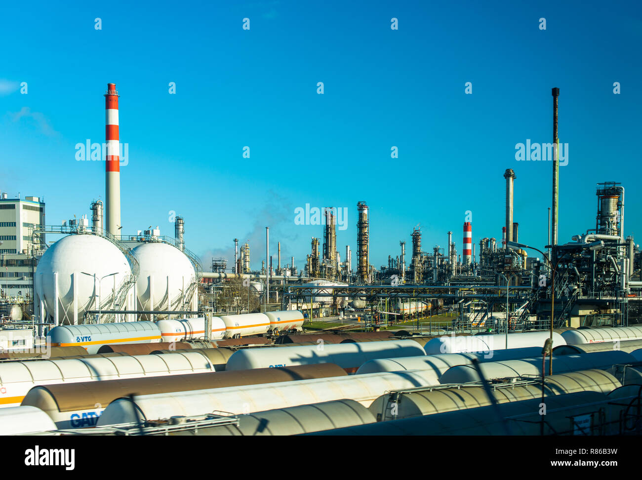 Petrochemical industrial plant own by OMV AG on outskirts of Vienna, Austria. Stock Photo