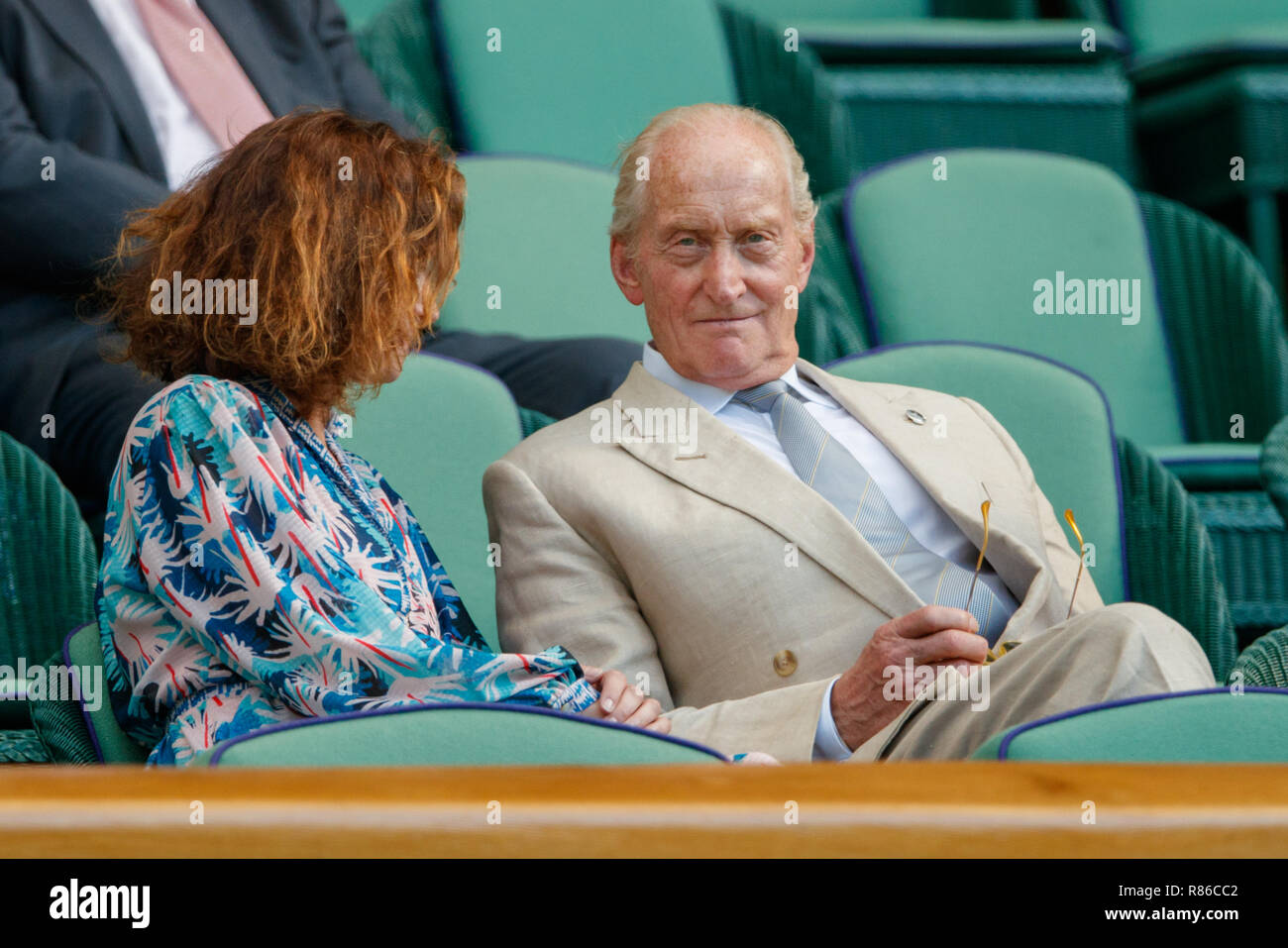 Charles Dance watching the action during the Wimbledon Championships 2018 Stock Photo