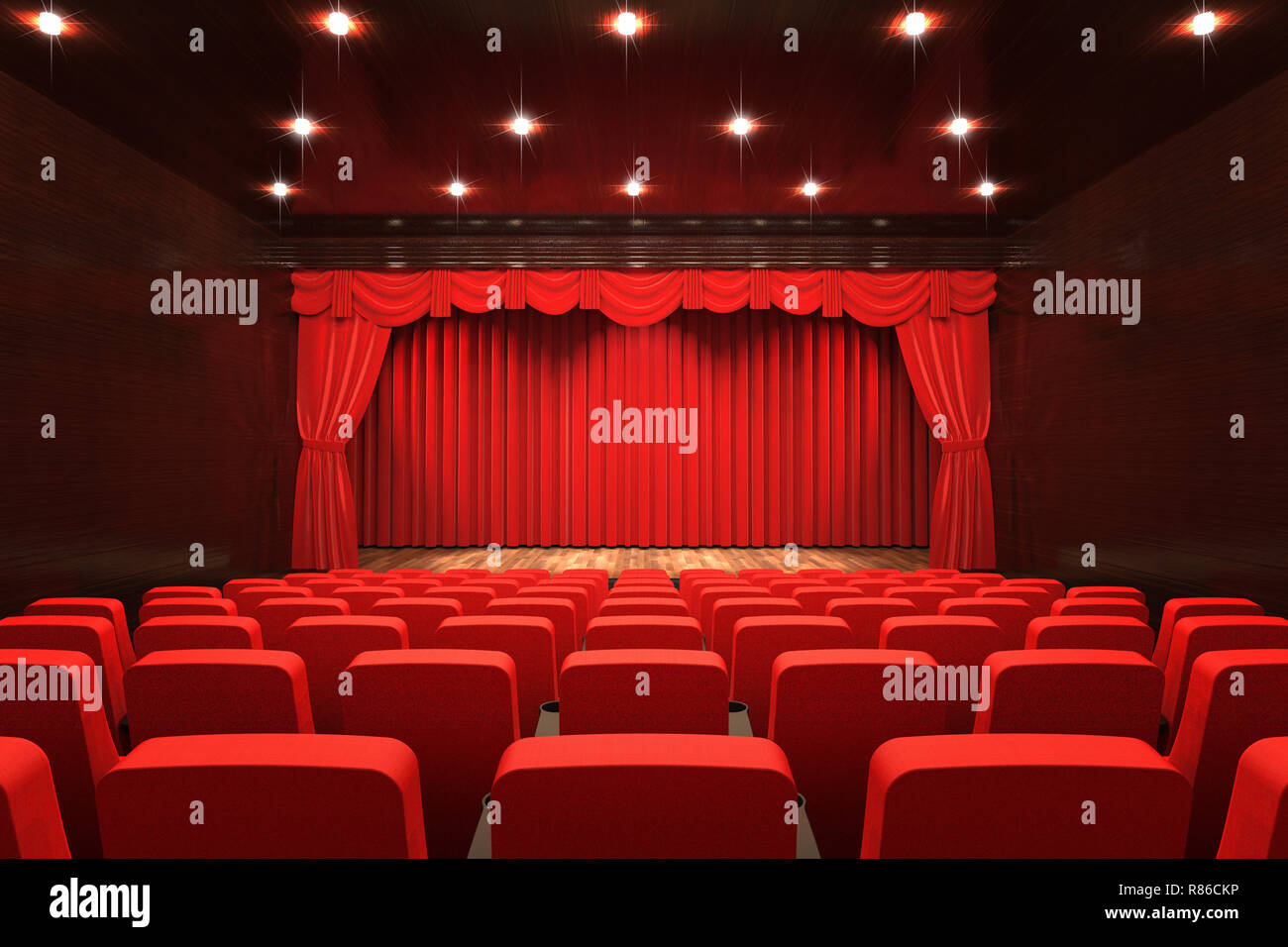 Empty theatre hall with stage, red curtain and seats, 3D rendering ...