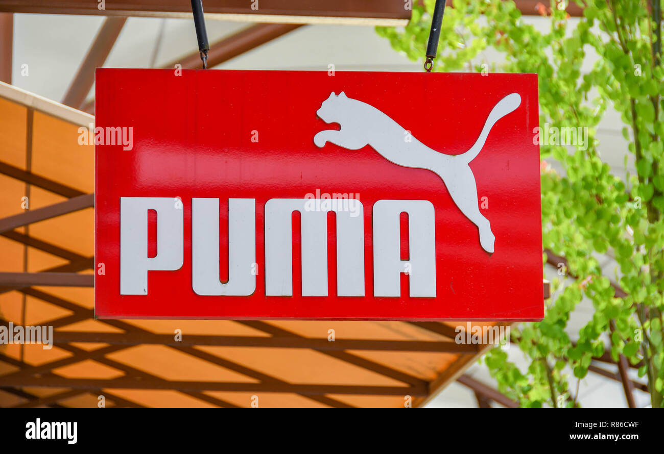 SEATTLE, WA, USA - JUNE 2018: Close up view of a sign outside the Puma factory store at the Premium Outlets shopping mall in Tulalip near Seattle. Stock Photo