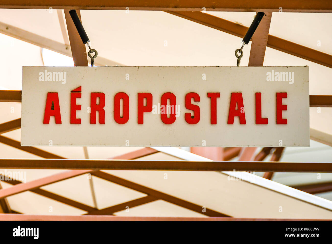 SEATTLE, WA, USA - JUNE 2018: Close up view of a sign outside the Aeropostale factory store at the Premium Outlets shopping mall in Tulalip, Seattle Stock Photo