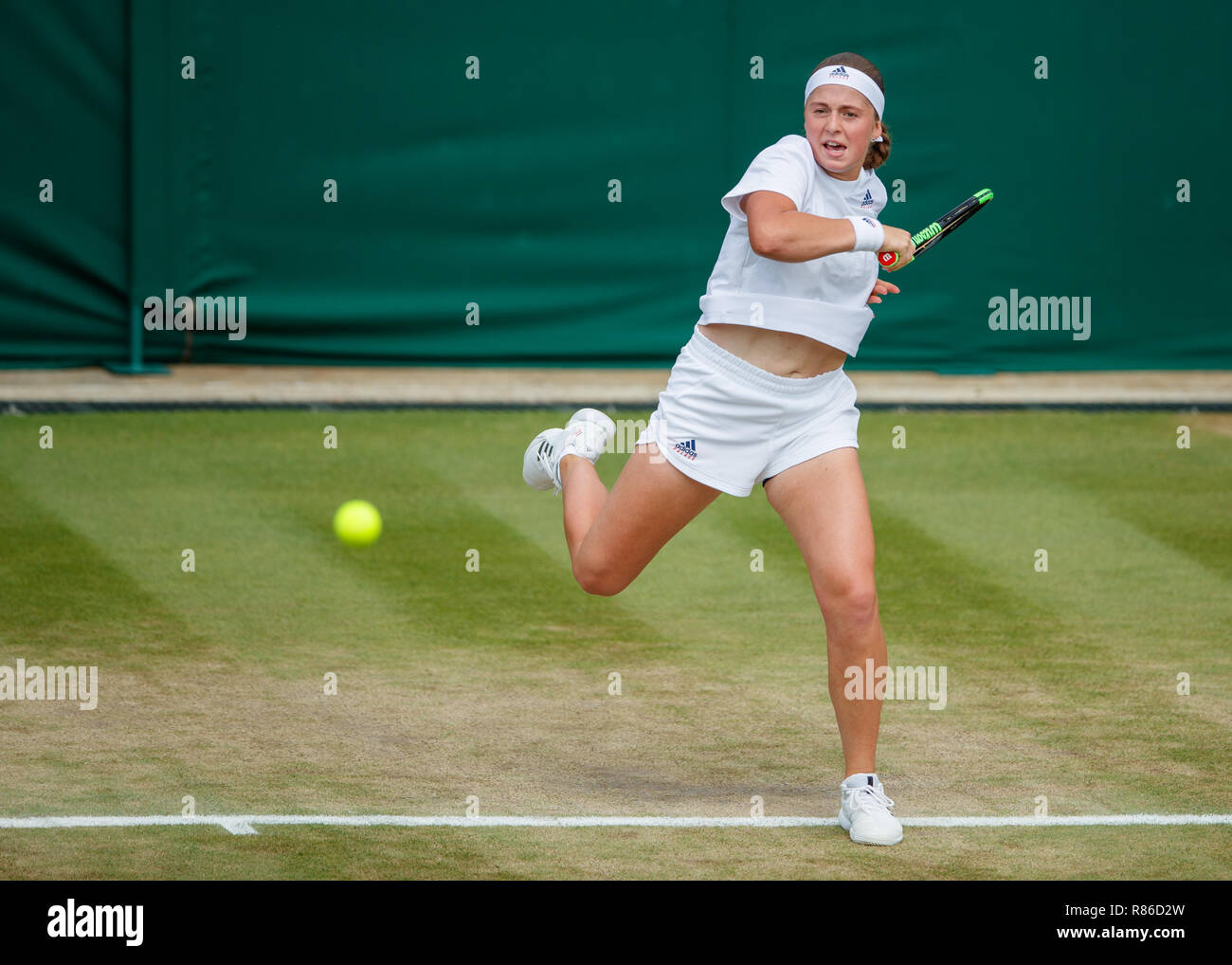 Jelena Ostapenko of Latvia in action during the Wimbledon Championships 2018 Stock Photo