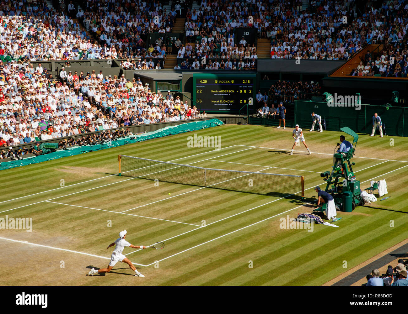 General wide view of Novak Djokovic of Serbia and Kevin Anderson of South Africa during the final of the Wimbledon Championships Stock Photo