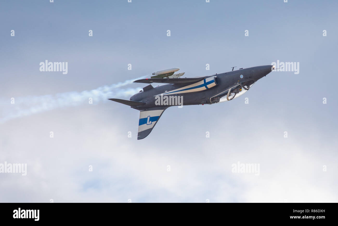 BAE Systems Hawk Mk 51A advanced trainer of the Finnish Air Force flying inverted at the Tikkakoski Air Show of 2018. Stock Photo