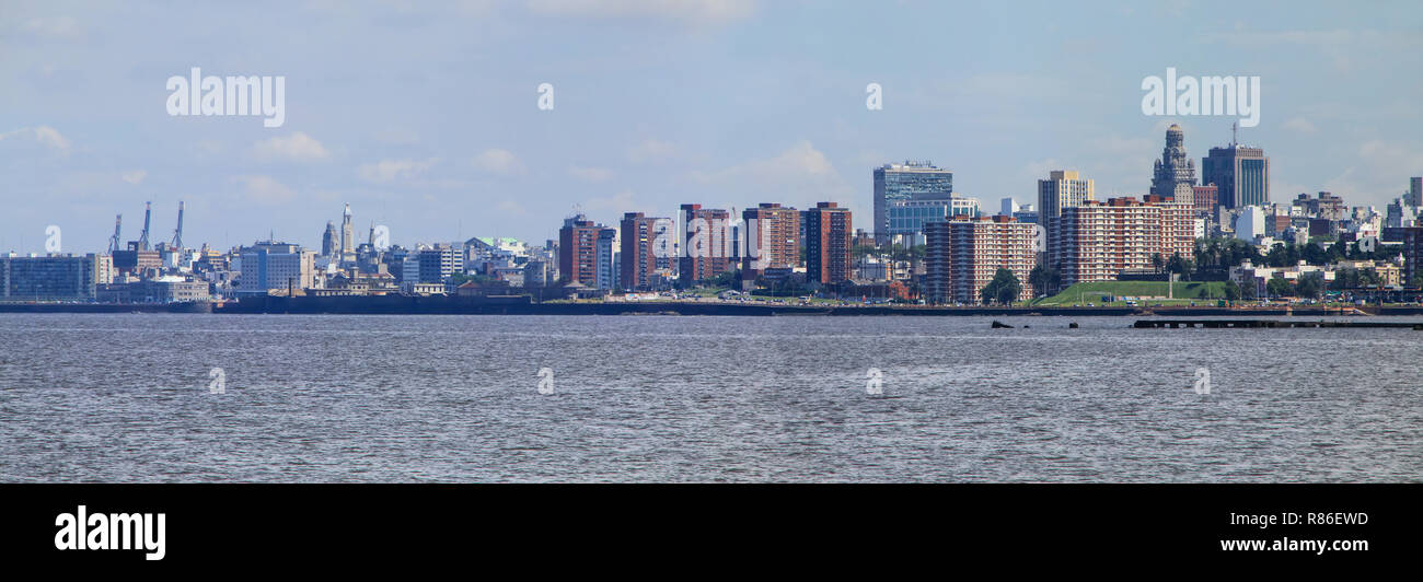 Panorama of the skyline along the bank of Rio de la Plata in Montevideo, Uruguay. Montevideo is the capital and the largest city of Uruguay Stock Photo