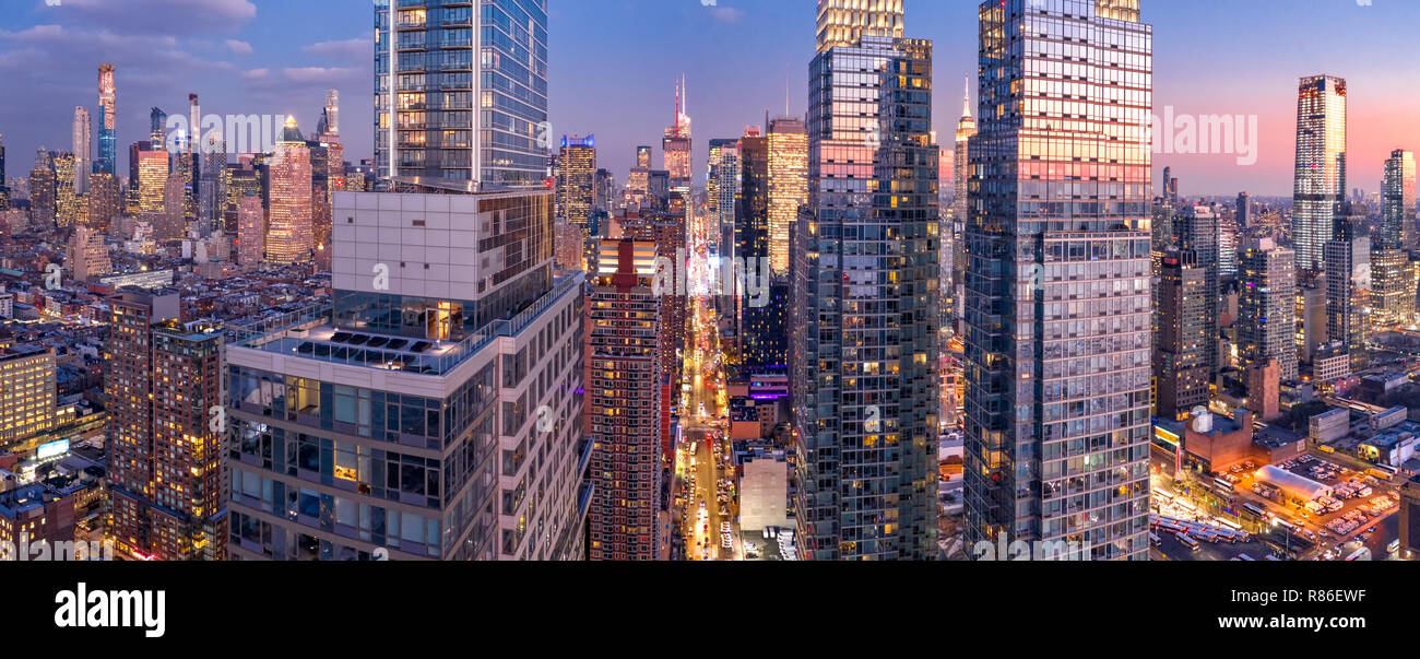 Aerial view of New York City skyscrapers at dusk Stock Photo
