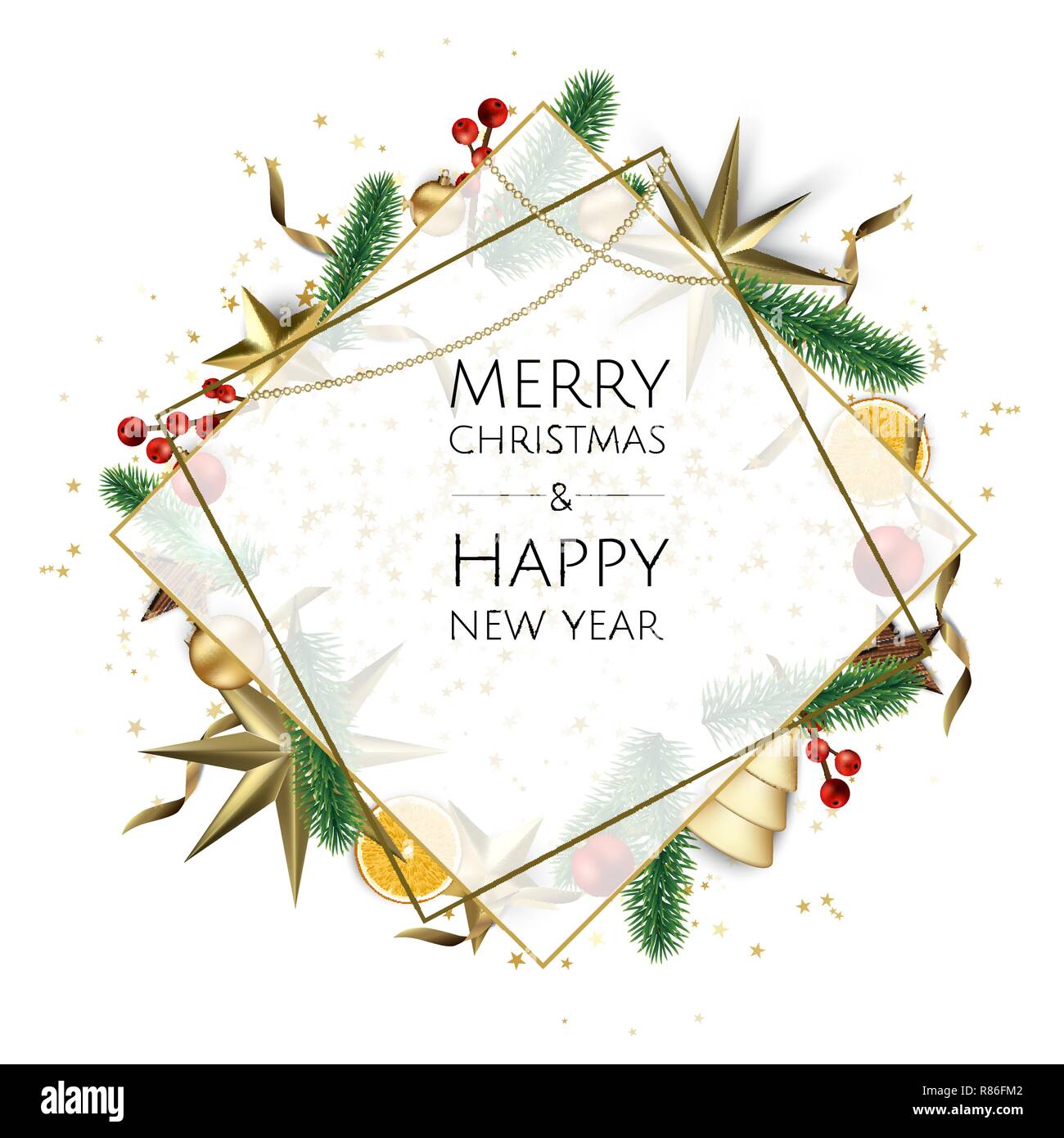 Merry Christmas and Happy New Year. Xmas background with gift box, Snowflakes and balls design. Stock Vector