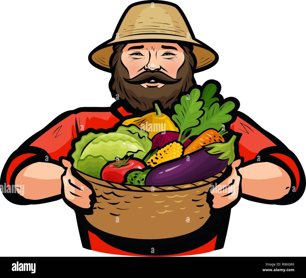 Farmer holding a wicker basket full of fresh vegetables. Vector illustration Stock Vector