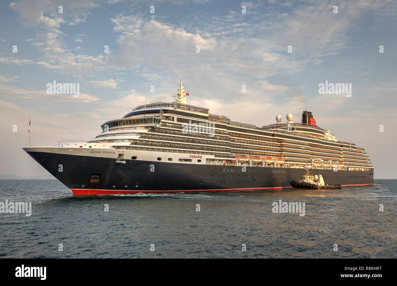 Queen Mary 2 from flying bridge leaving Southampton Stock Photo