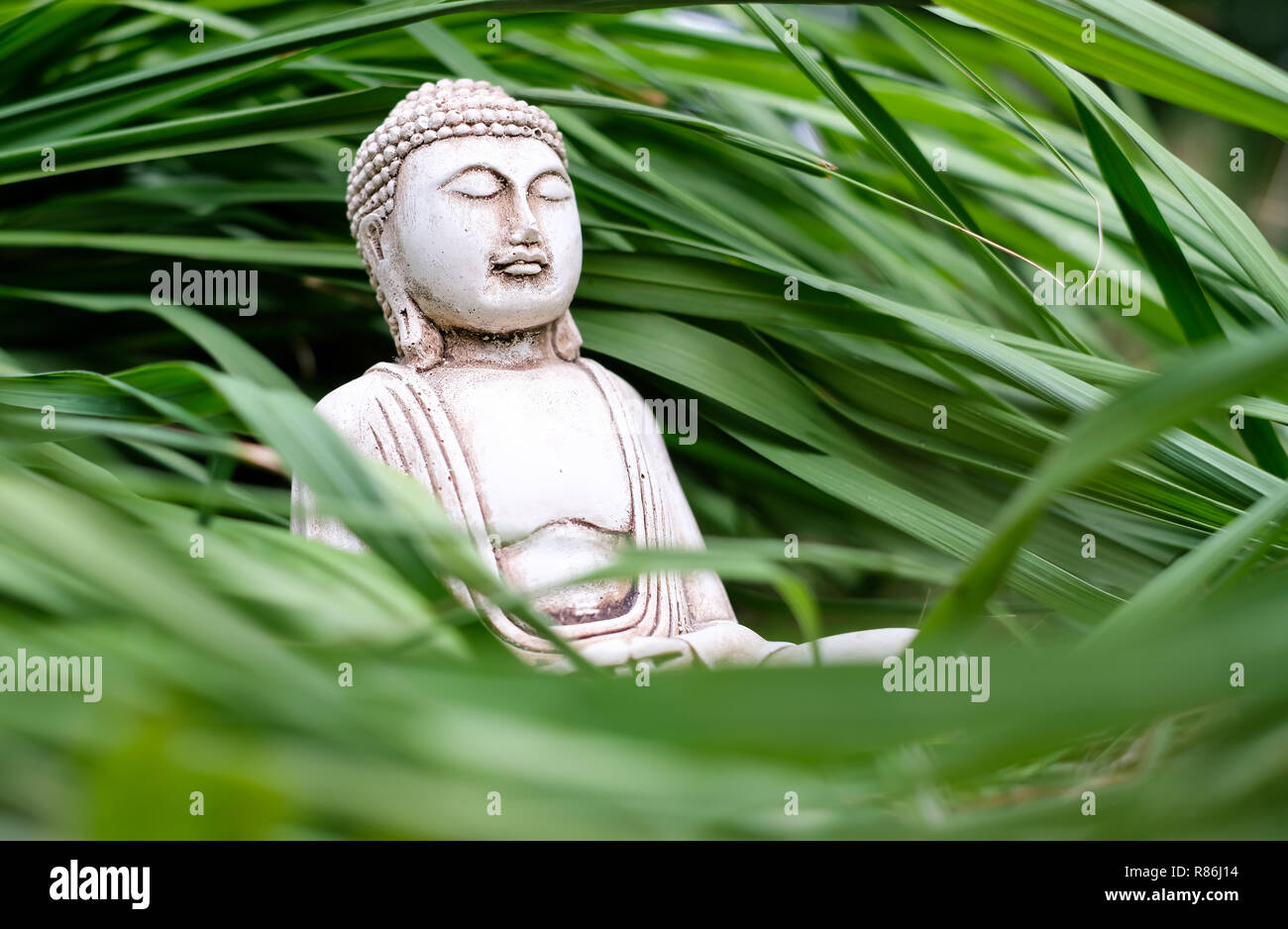 Small white Buddha statue in a meditation pose on long green grass